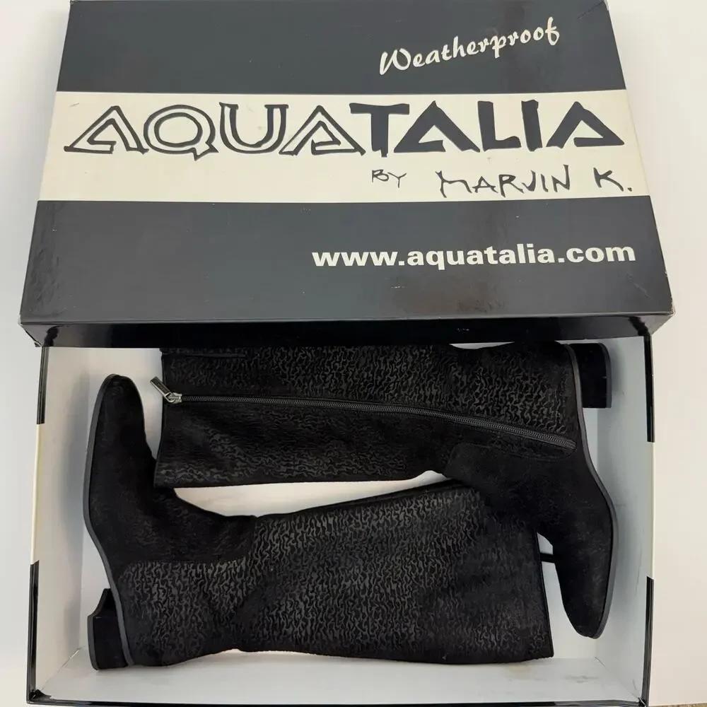 Aquatalia Weatherproof Tall Boots Black Suede Animal Print Block Heel Size 8.5